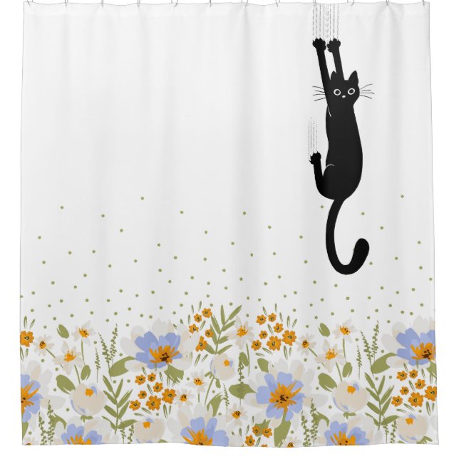 Funny Black Cat Hanging On Floral Shower Curtain (Front)