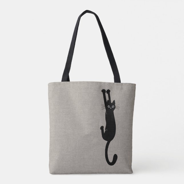 Funny Black Cat Hanging On | Humourous Kitty Tote Bag (Back)
