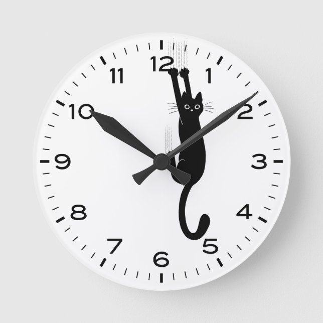 Funny Black Cat Hanging On  Round Clock (Front)