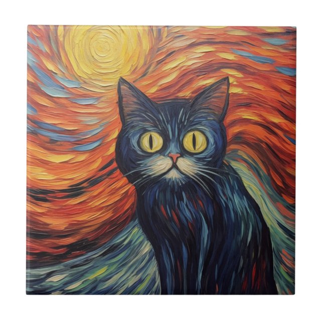 Funny black cat image by Edvard Munch inspired art Tile (Front)