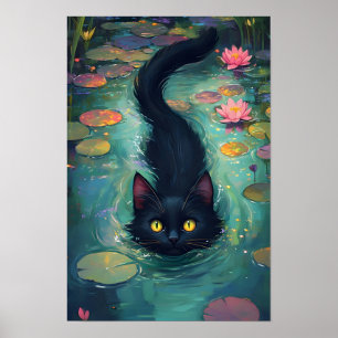 Funny Black cat is swimming Poster