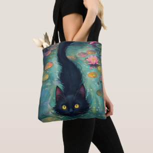 Funny Black cat is swimming Tote Bag