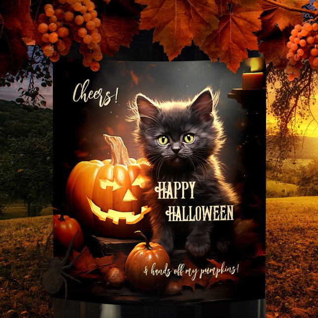 Funny Black Cat Kitten Halloween Wine Label (Funny wine label featuring a cute black kitten protecting her pumpkins. Purrfect for Halloween)