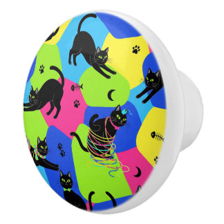Funny Black Cat Knob, modern, colourful Ceramic Knob