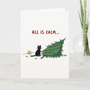 Funny Black Cat Knocking Over Christmas Tree Card