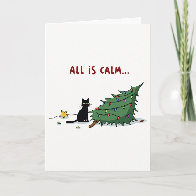 Funny Black Cat Knocking Over Christmas Tree Card (Front)