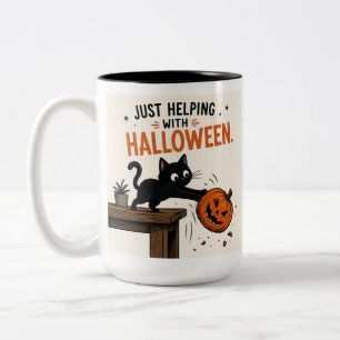Funny Black Cat Knocking Over Pumpkin Halloween Two-Tone Coffee Mug