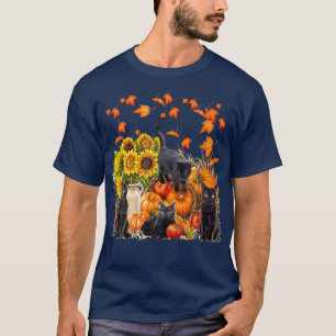 Funny Black Cat Leaf Fall Hello Autumn For Cute Ki T-Shirt