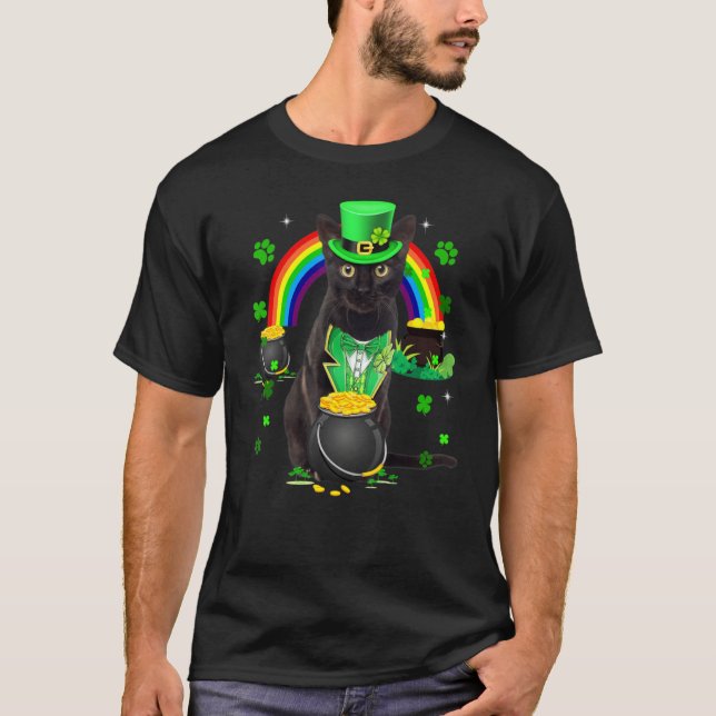 Funny Black Cat Leprechaun Shamrock St. Patrick's  T-Shirt (Front)