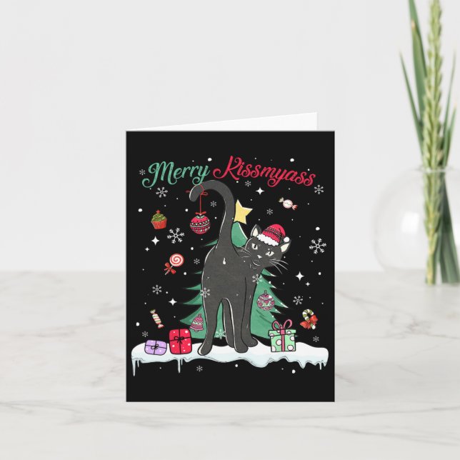 Funny Black Cat Merry Kissmy Santa Hat Tree Chrits Card (Front)
