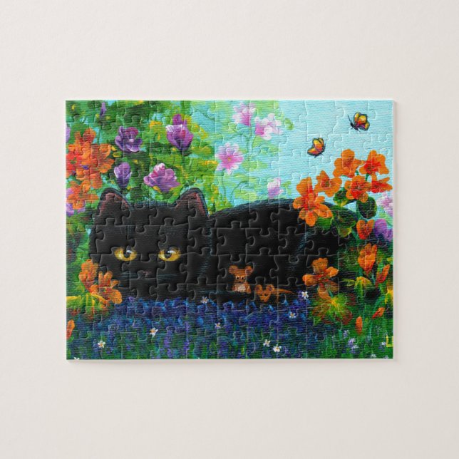 Funny Black Cat Mice Flowers Creationarts Jigsaw Puzzle (Horizontal)