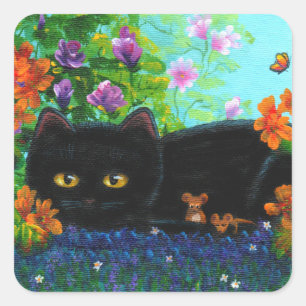 Funny Black Cat Mice Flowers Creationarts Square Sticker
