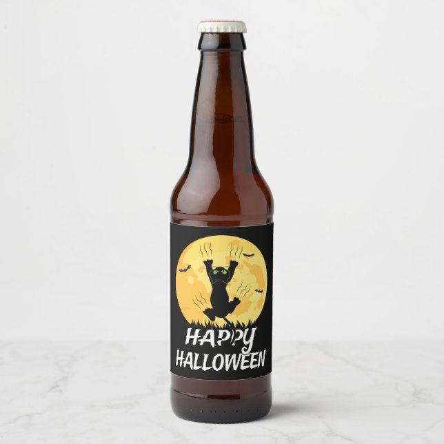 Funny Black Cat Moon Happy Halloween Beer Bottle Label (Front)