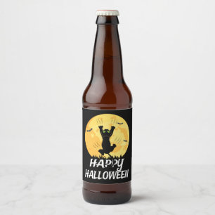Funny Black Cat Moon Happy Halloween Beer Bottle Label