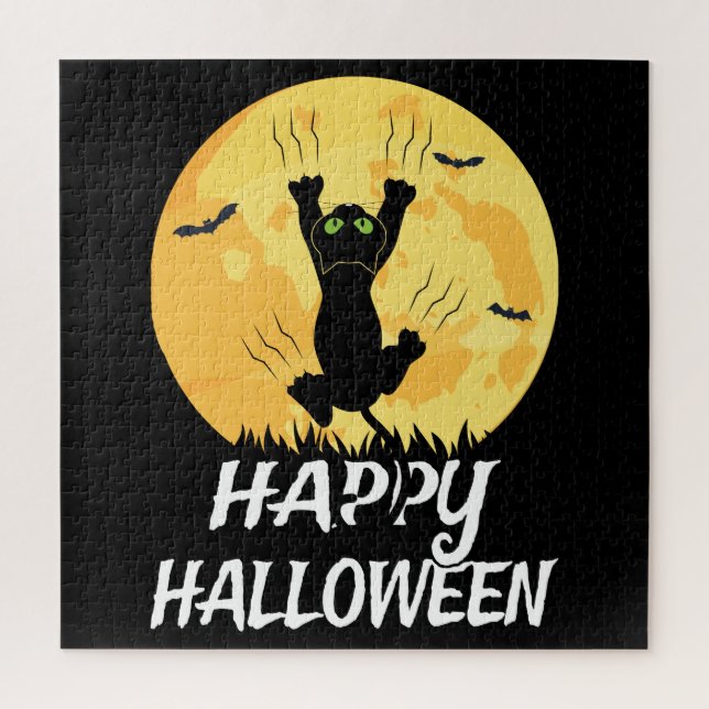 Funny Black Cat Moon Happy Halloween Jigsaw Puzzle (Vertical)