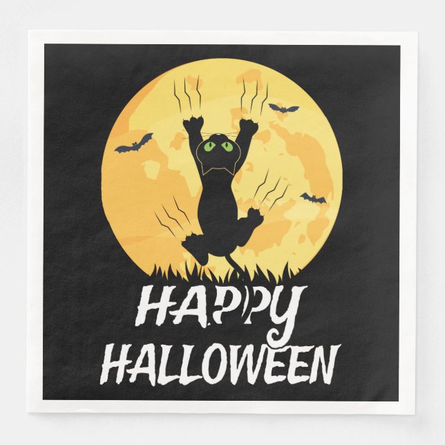 Funny Black Cat Moon Happy Halloween Napkin (Front)