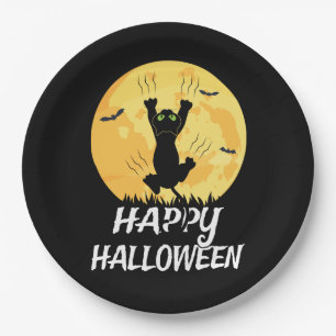 Funny Black Cat Moon Happy Halloween Paper Plate