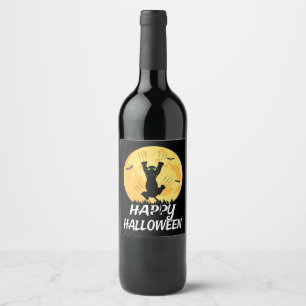 Funny Black Cat Moon Happy Halloween Wine Label