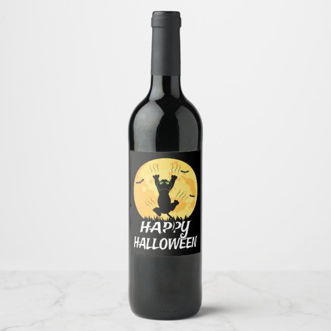 Funny Black Cat Moon Happy Halloween Wine Label (Front)