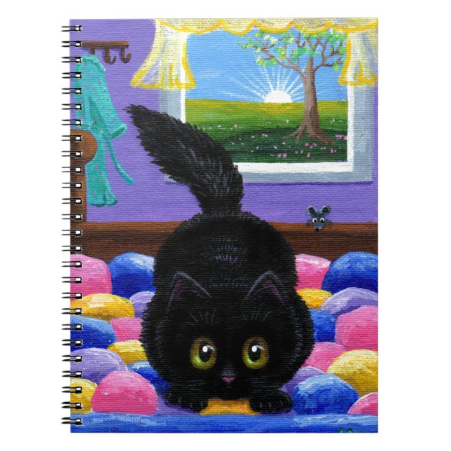 Funny Black Cat Mouse Bed Creationarts Notebook (Front)