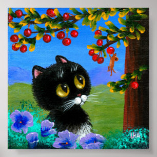Funny Black Cat Mouse Cherries Creationarts Poster