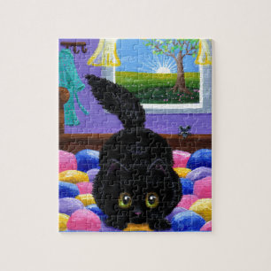 Funny Black Cat Mouse Quilt Jigsaw Puzzle
