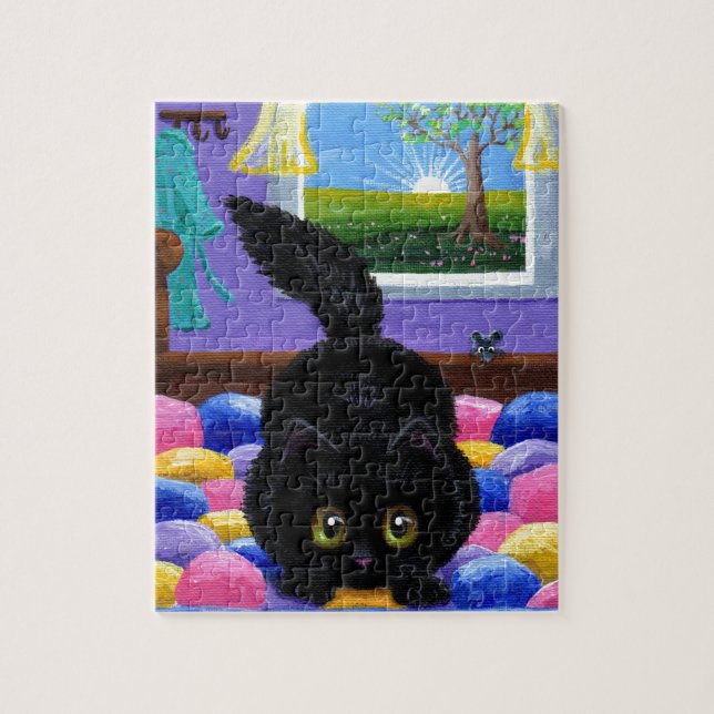 Funny Black Cat Mouse Quilt Jigsaw Puzzle (Vertical)