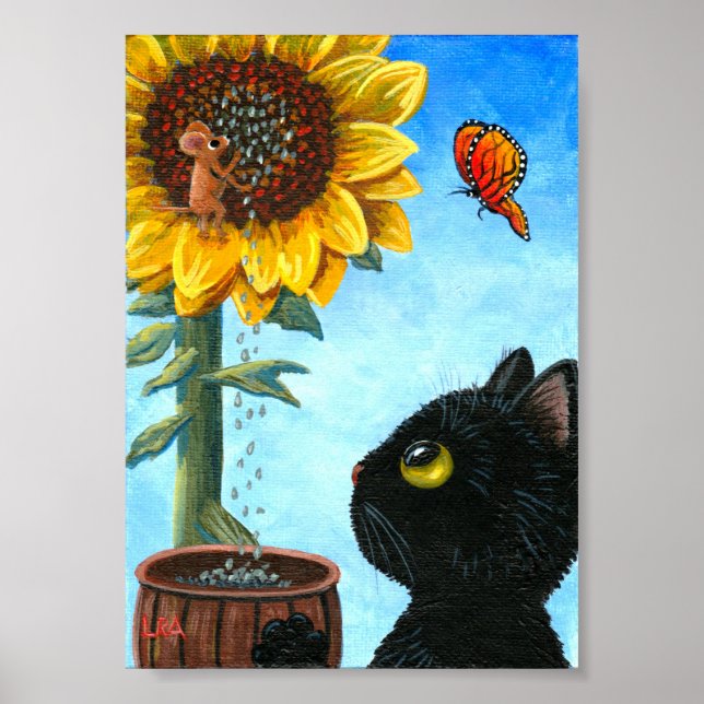Funny Black Cat Mouse Sunflower Creationarts Poster (Front)