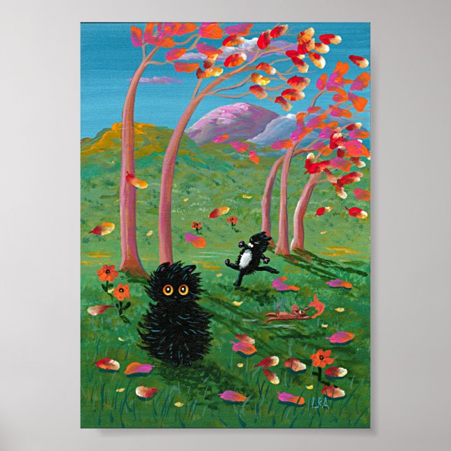 Funny Black Cat Mouse Trees Creationarts Poster (Front)