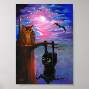 Funny Black Cat Owl Fall Moon Creationarts Poster