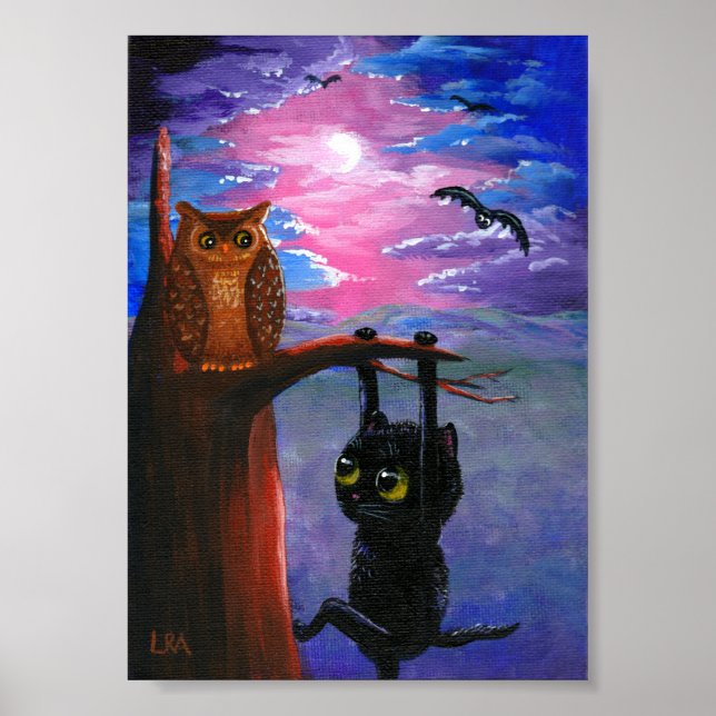 Funny Black Cat Owl Fall Moon Creationarts Poster (Front)