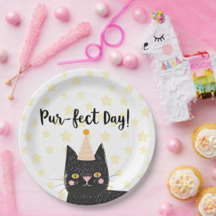 Funny Black Cat Perfect Day Birthday Paper Plate