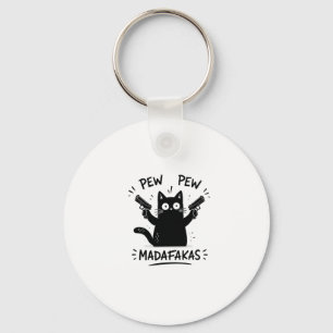 Funny Black Cat Pew Pew Design Key Ring