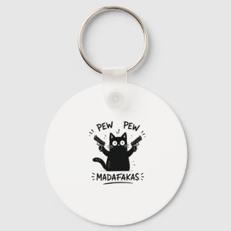 Funny Black Cat Pew Pew Design Key Ring
