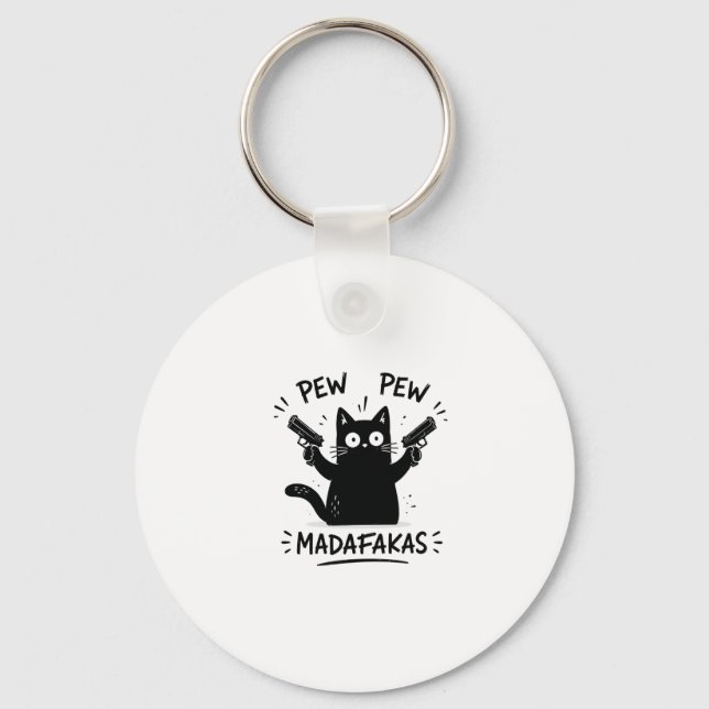 Funny Black Cat Pew Pew Design Key Ring (Front)
