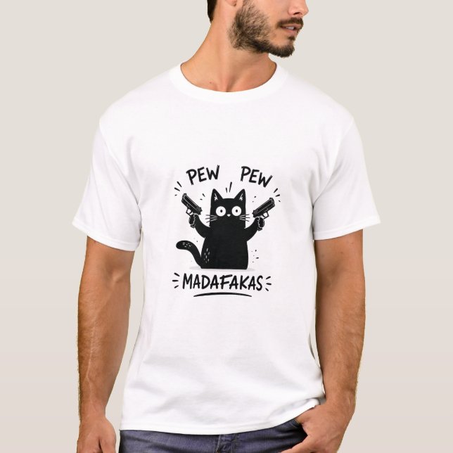 Funny Black Cat Pew Pew Design T-Shirt (Front)