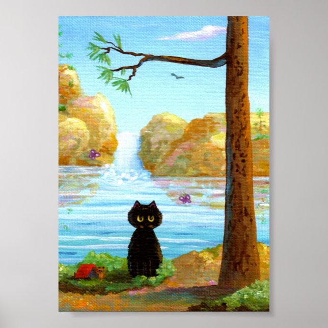 Funny Black Cat Poster Print Waterfall Lake (Front)
