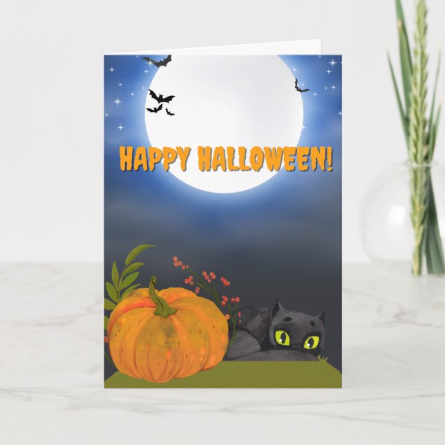 Funny Black Cat Pumpkin Halloween Holiday Card (Front)
