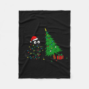 Funny Black Cat Pushing 67 Christmas Tree Over Cat Fleece Blanket