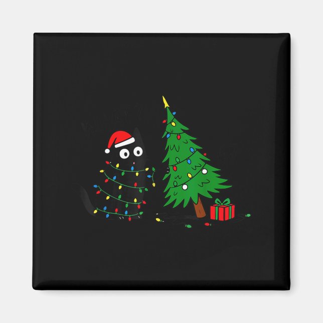 Funny Black Cat Pushing 67 Christmas Tree Over Cat Magnet (Front)