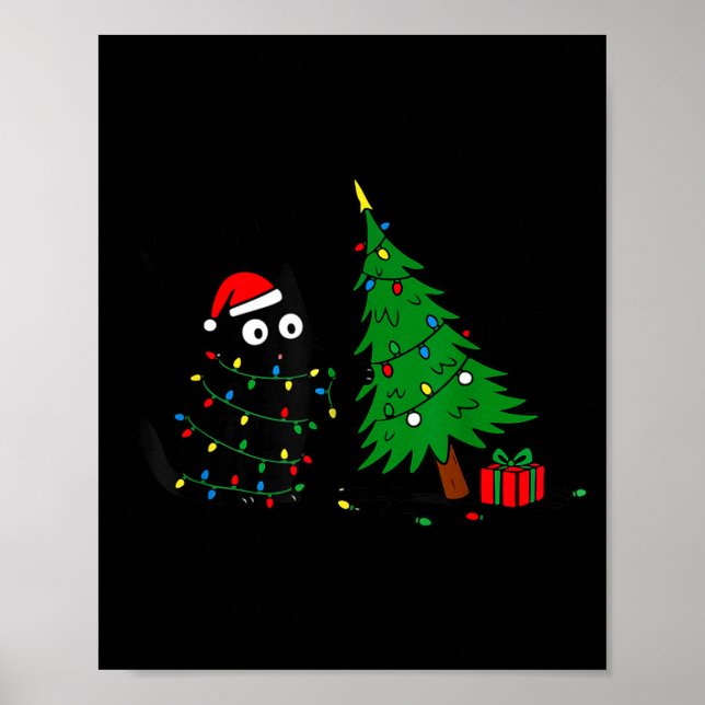 Funny Black Cat Pushing 67 Christmas Tree Over Cat Poster (Front)
