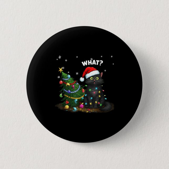 Funny Black Cat Pushing Christmas Tree  6 Cm Round Badge (Front)