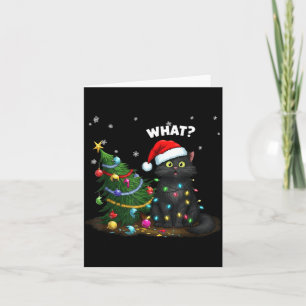 Funny Black Cat Pushing Christmas Tree  Card