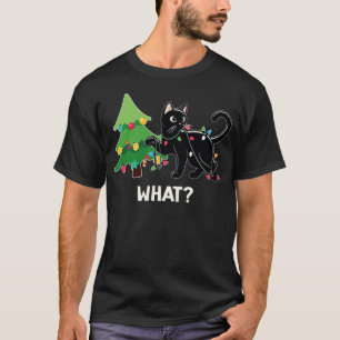 Funny Black Cat Pushing Christmas Tree Cat Lover X T-Shirt