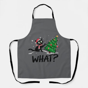 Funny Black Cat Pushing Christmas Tree Cat What? Apron