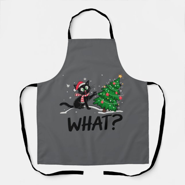 Funny Black Cat Pushing Christmas Tree Cat What? Apron (Front)