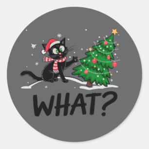 Funny Black Cat Pushing Christmas Tree Cat What? Classic Round Sticker