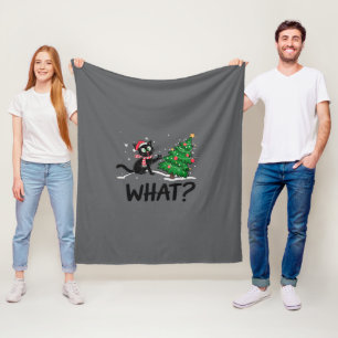 Funny Black Cat Pushing Christmas Tree Cat What? Fleece Blanket
