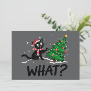 Funny Black Cat Pushing Christmas Tree Cat What? Invitation
