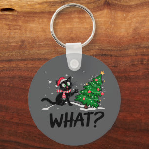 Funny Black Cat Pushing Christmas Tree Cat What? Key Ring
